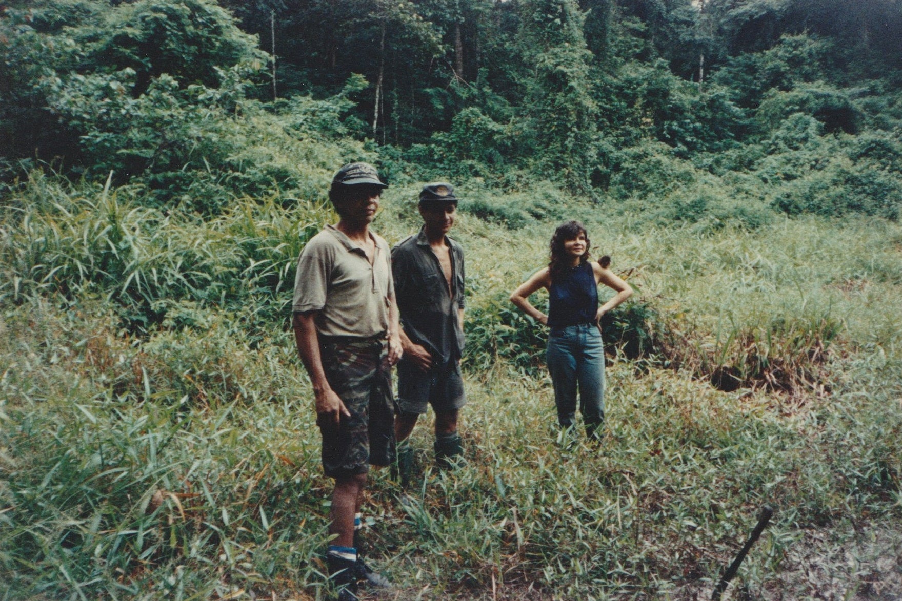 Three people standing in a jungle